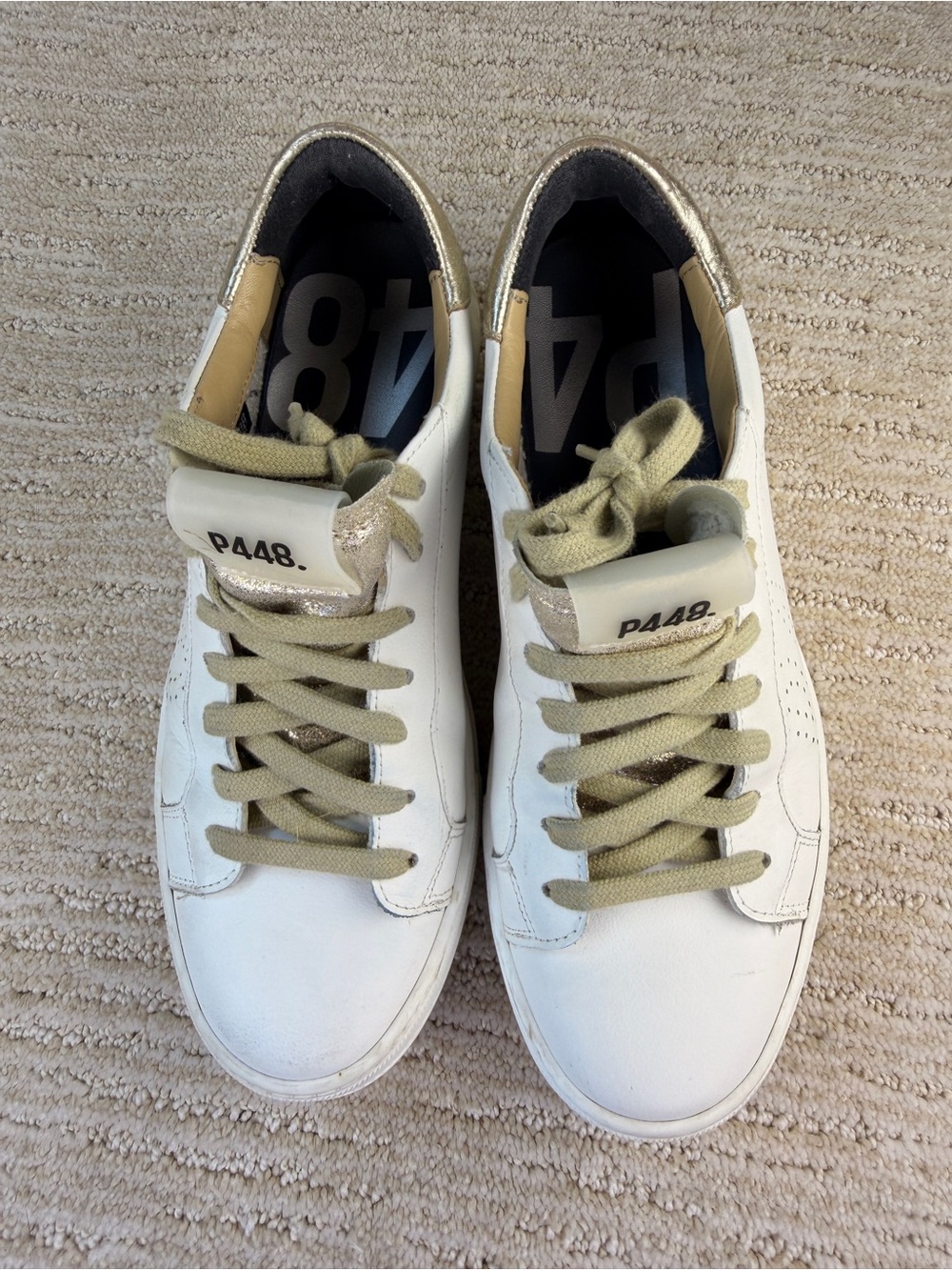 P448 Thea Women’s Low Leather Platform Sneakers White/Gold Metallic Heel/Tongue - Picture 6 of 13